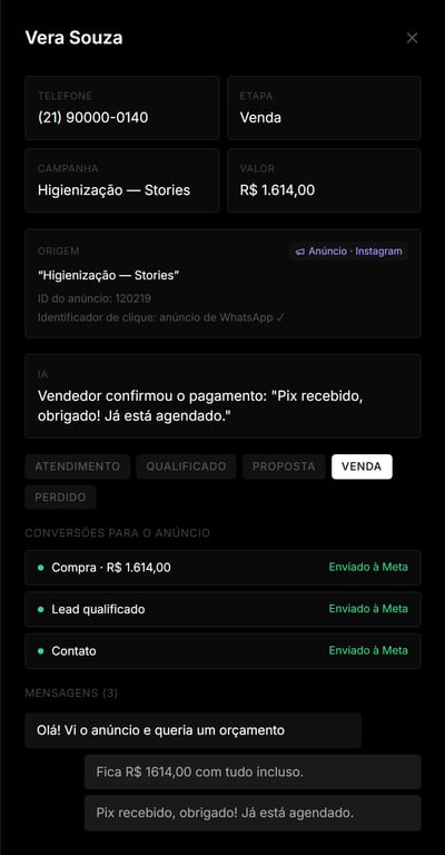 Conversa no BAPI com a origem no anúncio do Instagram, a venda confirmada pelo vendedor e as conversões enviadas ao Meta (dados de demonstração)